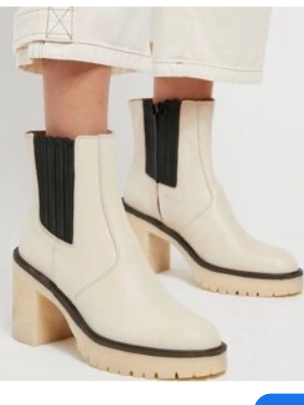 Women's Cream Leather Chelsea Heeled Boots with Black Elastic Panels
